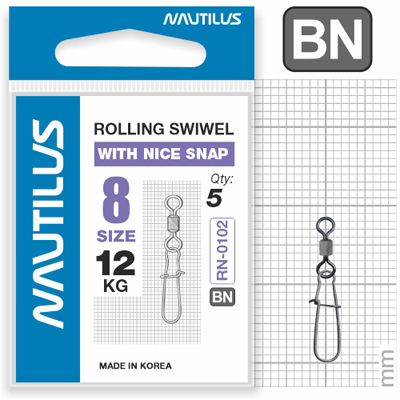 Вертлюг Nautilus с застежкой Rolling Swivel 0102 with Nice Snap size # 8 тест 12кг